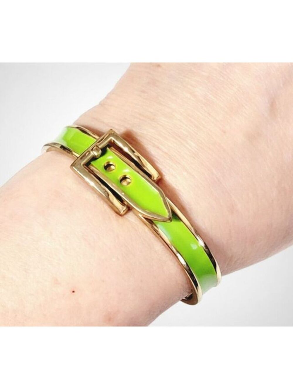 Green Enamel Bangle Bracelet Adjustable Gold-tone Belt Buckle Retro Jewelry hgb